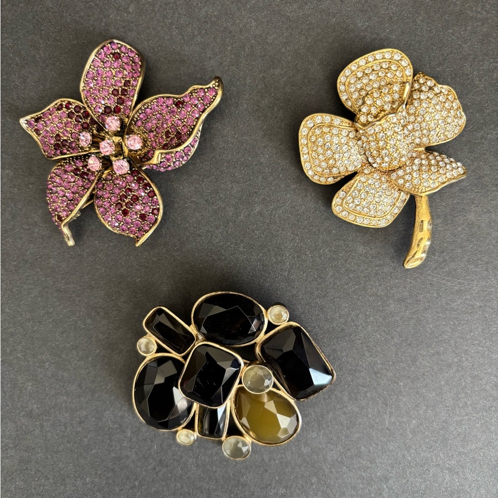 Banana Republic Pink, Gold, and Black Brooch Trio